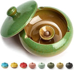 Ashtray with Lid for Outside Patio, Windproof Ash tray, Ceramic Smokeless Ashtray for Outdoor Home Office Tabletop Patio Outdoor Balcony, Green