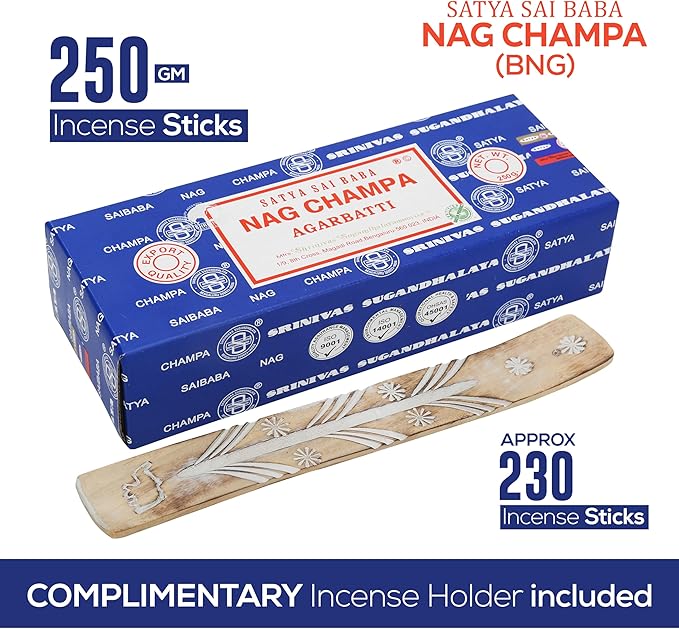 Satya Nag Champa Incense Sticks Bangalore- 250gm Bundle Natural Hand Rolled Non-Toxic Nagchampa BNG Insense Set with Raajsee Insence Stick Holder for Meditation, Yoga, Aromatherapy & Joss Sticks