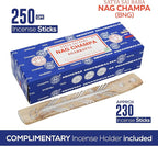 Satya Nag Champa Incense Sticks Bangalore- 250gm Bundle Natural Hand Rolled Non-Toxic Nagchampa BNG Insense Set with Raajsee Insence Stick Holder for Meditation, Yoga, Aromatherapy & Joss Sticks