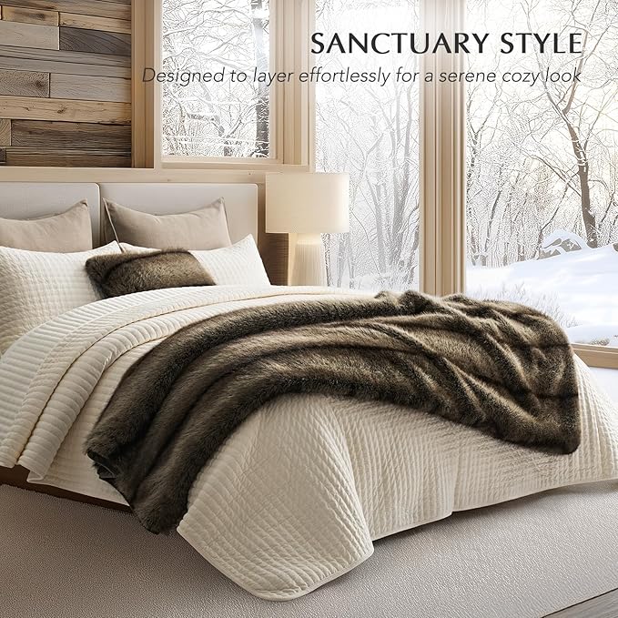 EVERGRACEHOME Luxury Faux Fur Throw Blanket, Soft Fluffy Faux Mink Blankets for Bed, Couch, Sofa, Thick Cozy Plush Warm Fur Throws with Reversible Velvet, Ombré Sable Brown, 50"x60"