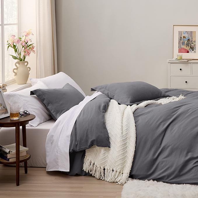 Bedsure Dark Grey Duvet Cover Twin/Twin XL Size - 2 Pieces Prewashed Cotton-Like Extra Soft Bedding Set, Includes 1 Twin Duvet Cover 68x90 Inches with Zipper Closure & 1 Pillow Sham, No Comforter