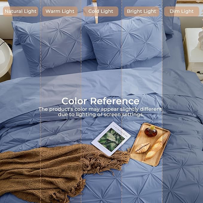 Sasttie Full Size Comforter Set, 7-Piece Bed in a Bag, Pintuck Bedding Set for All Season, Includes Comforter, Flat Sheet, Fitted Sheet, Pillowcases and Pillowshams, Slate Blue