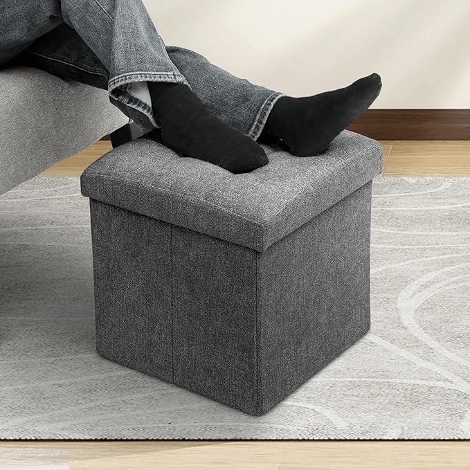 MoNiBloom 15 Inches Storage Ottoman Cube, Folding Square Foot Rest Stool, Small Ottoman Footrest with Storage for Living Room, Bedroom, Entryway, Dark Gray