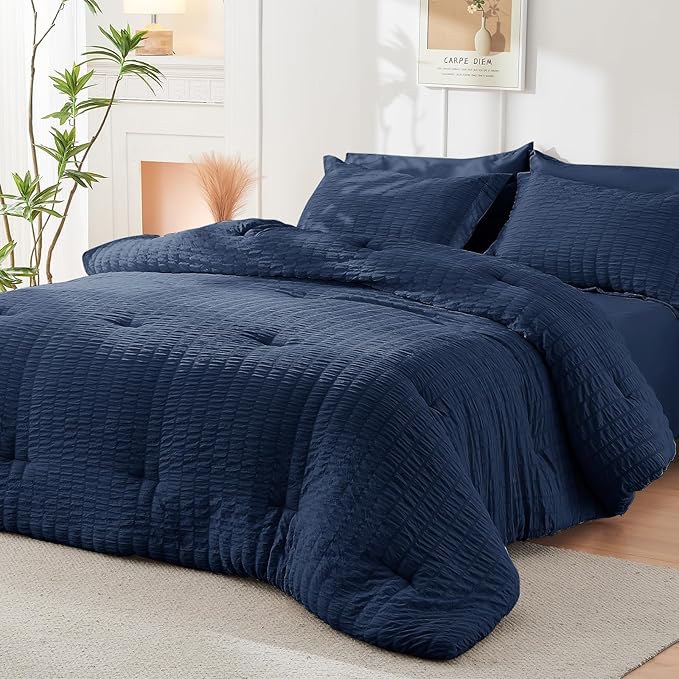 HYMOKEGE Navy Blue Oversized King Comforter Set Seersucker 7 Pieces, All Season Luxury Bed in a Bag for Bedroom, Bedding Set with Comforter, Sheets, Pillowcases & Shams