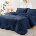 HYMOKEGE Navy Blue Oversized King Comforter Set Seersucker 7 Pieces, All Season Luxury Bed in a Bag for Bedroom, Bedding Set with Comforter, Sheets, Pillowcases & Shams