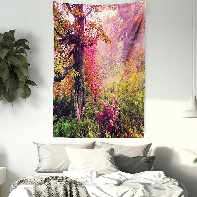 Ambesonne Forest Tapestry Queen Size, Majestic Landscape Autumn Trees in Woodland Natural Garden in Ukraine, Wall Hanging Bedspread Bed Cover Wall Decor, 88" X 88", Red Green Brown