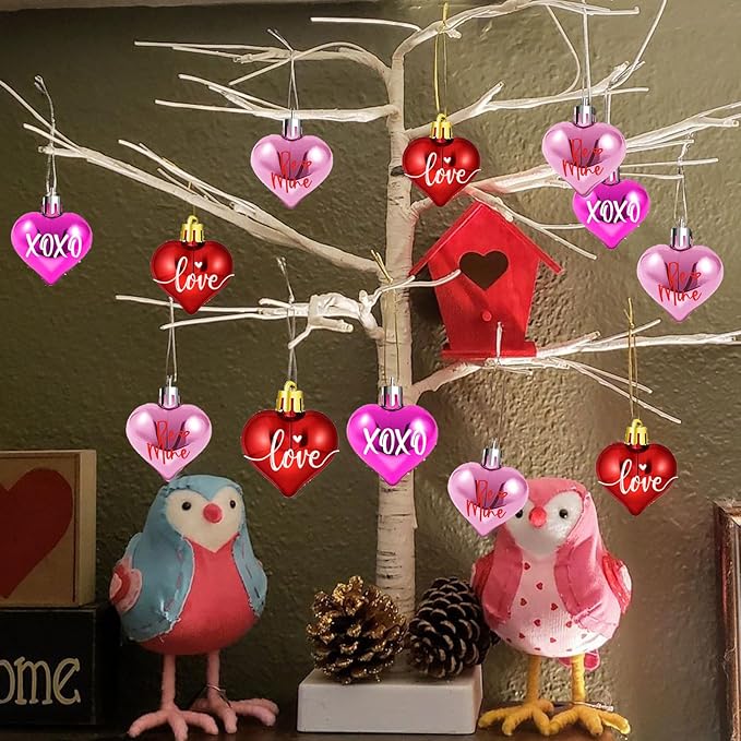 Valentines Tree Decorations, 24 Pcs Heart Ornaments for Christmas Tree, Mini Day Small Conversation Ornaments, Red Pink Purple Plastic