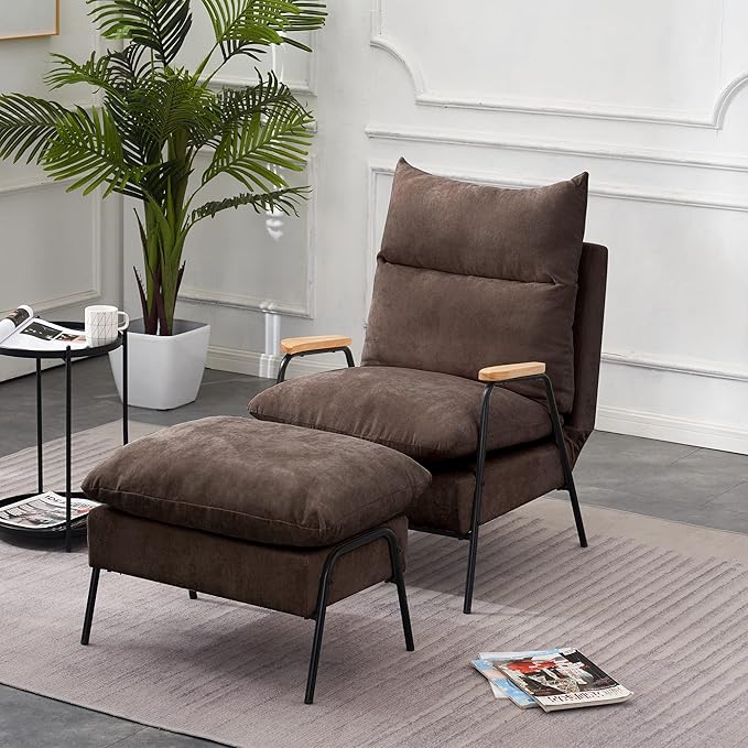 MCombo Accent Recliner Chair with Ottoman, Modern Fabric Armchair, Upholstered Sofa Bed for Living Room Bedroom, Small Space 4055 (Black Frame, Brown)