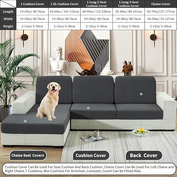 YEMYHOM Stretch Individual Cushion Covers Large Sofa Seat Cushion Slipcovers Soft Couch Cover Replacement Large Checkered Furniture Protector with Elastic Bottom (2 Pcs XL Cushion Covers, Dark Gray)