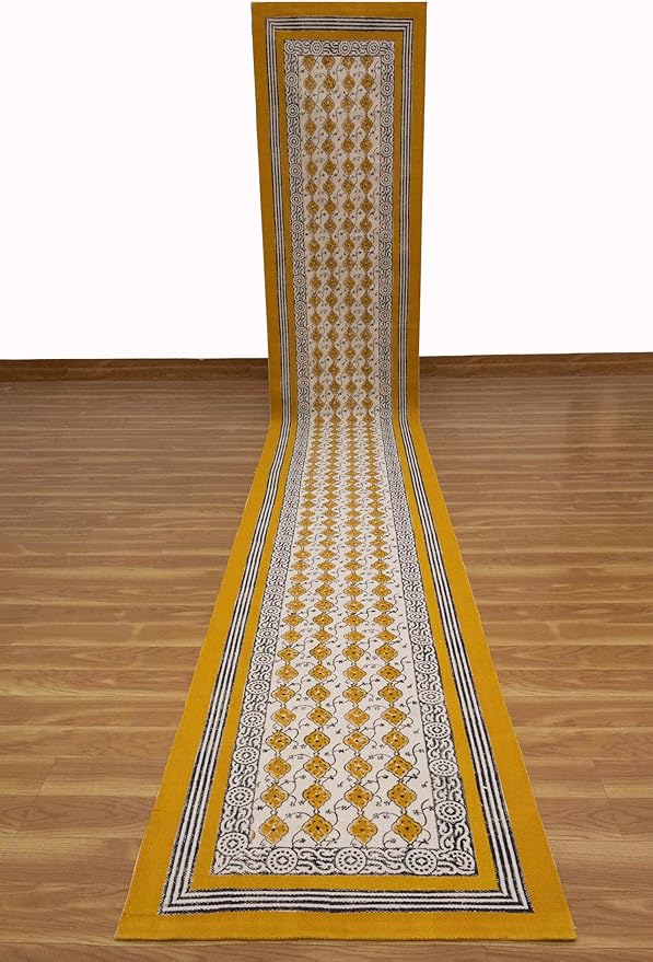 Kilim Runner 2.6x10 Cotton Runner Rug Yellow & Beige Indoor Outdoor 0.19 inches Stone Easy Washable Hand Wash Cotton Carpet Flatweave Rugs for Hallway, Staircases, Corridor
