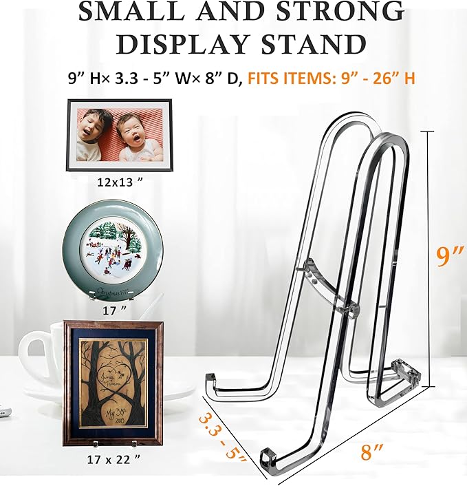 AMT 9 Inch 2 Pack Plate Stands for Display - Holder Stand + Acrylic Frame Holder Picture, Decorative Plate, Book, Photo Easel