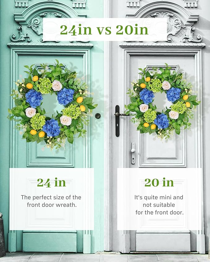 Vlorart 24” Spring Summer Wreaths for Front Door,Porch,Window-Large Artificial Hydrangea & Lemon Outdoor Wreath for Home,Farmhouse,Wedding Decor-Outside All Seasons