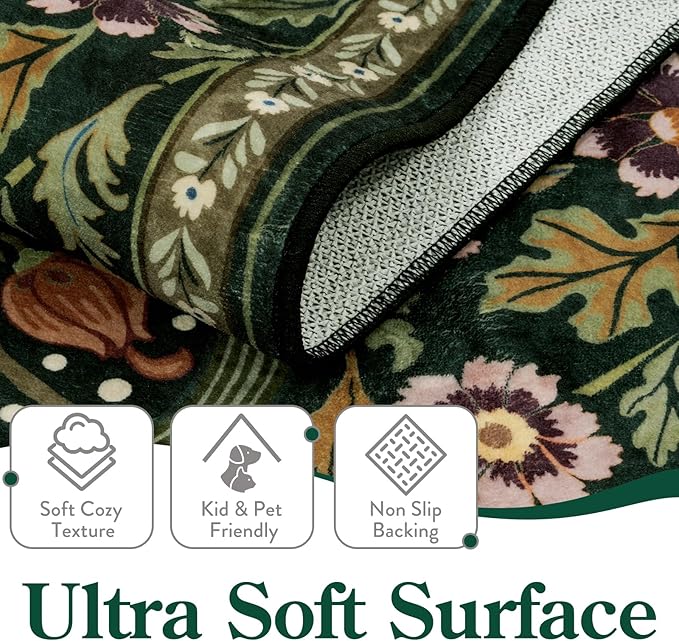 Moynesa Floral 3x5 Area Rug, Washable Non Slip Soft Bedroom Rugs, Boho Green Small Rugs for Living Room, Botanical Ultra Thin Throw Carpet for Kitchen Entryway Bathroom, Green