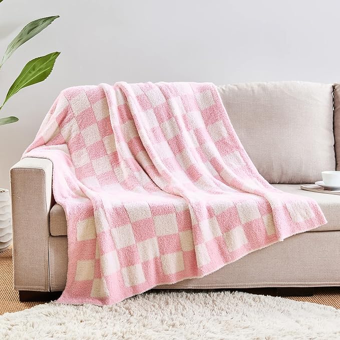 CozeCube Super Soft Fullfy Microfiber Reversible Knitted Blankets, Warm Cozy Fuzzy Plush Throw, Pink and White Checkered Throw Blanket for Couch Bed Sofa, 60" x 80"