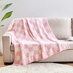 CozeCube Super Soft Fullfy Microfiber Reversible Knitted Blankets, Warm Cozy Fuzzy Plush Throw, Pink and White Checkered Throw Blanket for Couch Bed Sofa, 60" x 80"