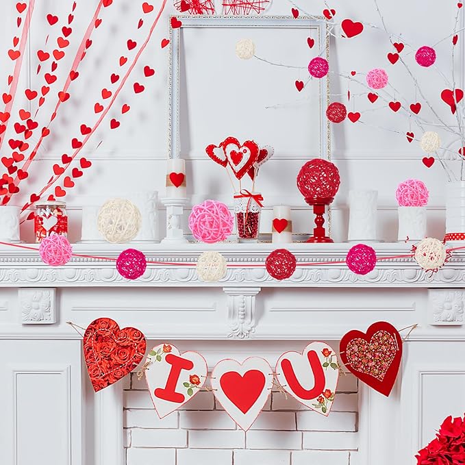 SANNIX 16 Pcs Valentine's Day Rattan Balls for Bowls,Pink and Red Decorative Balls Decor for Wedding Home Table Vase Decorations
