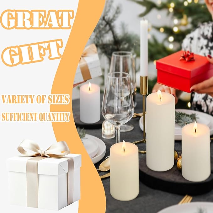 18 Pcs Ivory Pillar Candles Bulk Set，2x3 2x6 2x8 Inch - 12 Each Size，Hurricane Candles，Dripless Unscented Smokeless，Gives You a Better Atmosphere When Organizing Wedding or Event Party.