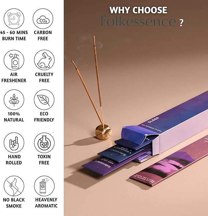 Folkulture Incense Sticks (120 Sticks) | Set of 6 Premium, Deep Sleep, Calm Incense - Night Relaxation | No Charcoal, Organic, Non Toxic, 45 Mins Burning Lavender, Rosemary Insence-Sticks Aromatherapy