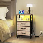 Night Stand Set 2 with LED Lights, Nightstands with Power Outlets and Type C Port, Large End Tables with 3 Fabric Drawers, Matching Bedside Table with Storage for Dorm, Living Room, Greige