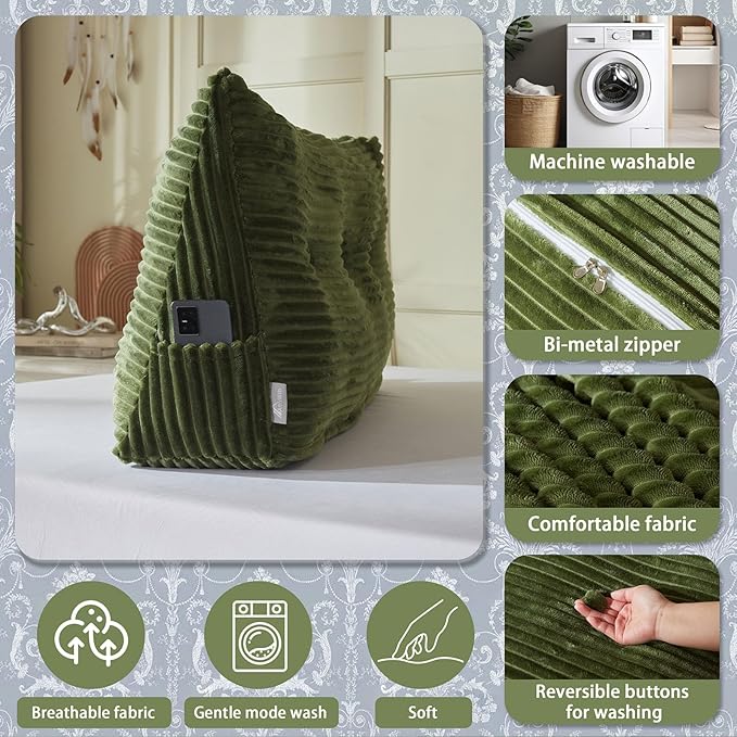 Headboard Wedge Pillow + A Long Neck Roll Pillow Body Pillow，Large Headboard Pillow with Removable Cover (Green, Queen：59x8x20 inches)