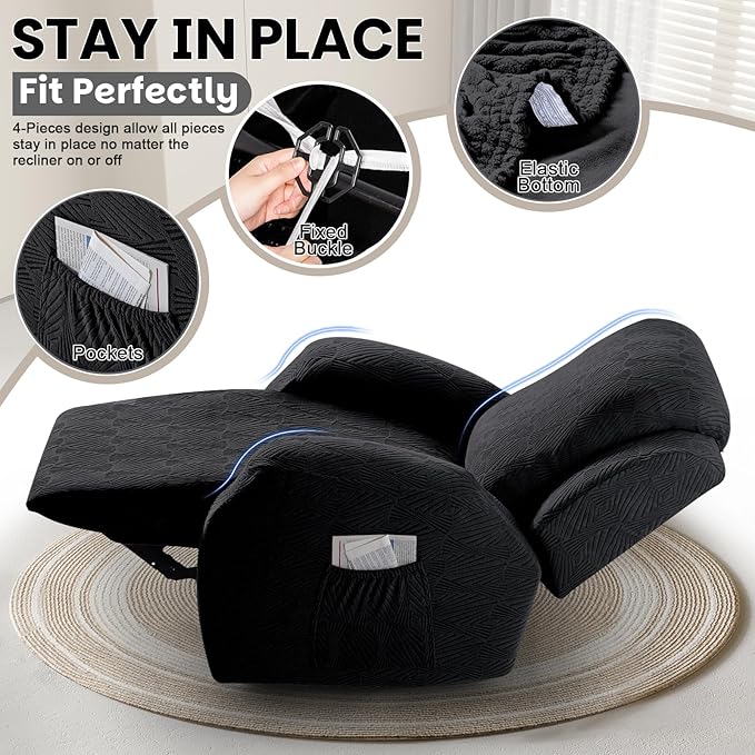 VANSOFY Oversized Recliner Chair Covers, 4-Pieces Stretch Recliner Cover Jacquard Soft Reclining Chair Slipcover Furniture Protector with Elastic Bottom for Lazy Boy Recliner(Black)
