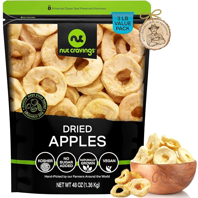 NUT CRAVINGS - Dried Apple Rings Slices, No Sugar Added - Chewy Soft Texture (48oz, 3 LB) Tu Bishvat Favorite - Sweet Healthy Snack, Vegan, Kosher, Resealable Bag