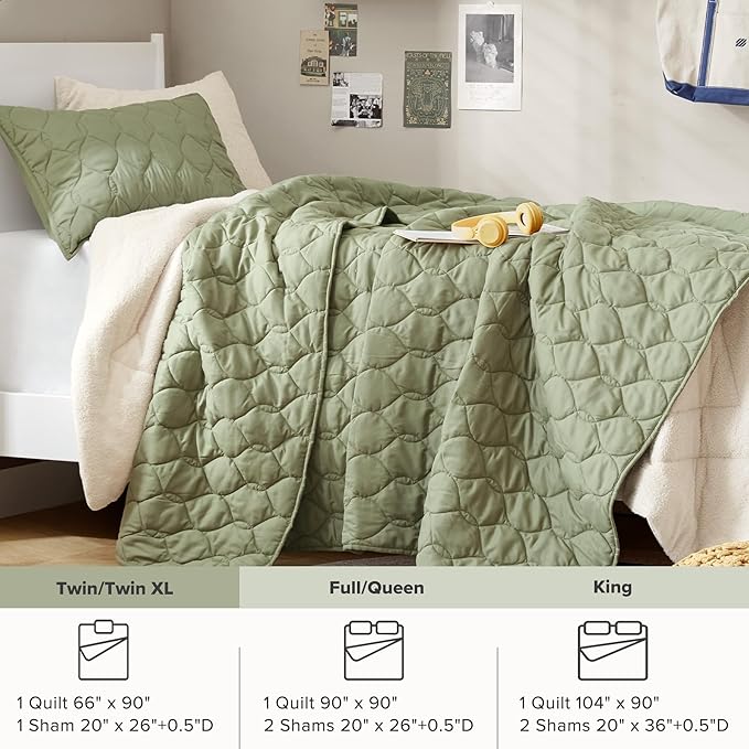 Comfort Spaces Twin Quilt Set Modern Reversible Ogee Coverlet Twin Bedding Set Cozy Quilted Winter Layer, All Season Lightweight Soft Twin Size Quilt, Kienna, Twin/Twin XL Olive Green 2 Piece