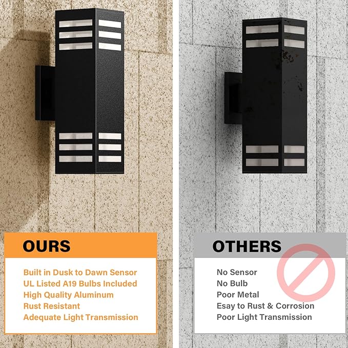 Dusk to Dawn LED Outdoor Light Fixture Wall Mount,Black Square Porch Lights Outdoor,Modern Exterior Wall Sconce Lights 13In, Bulb Includes Up Down Outside Wall Light for House Front Door