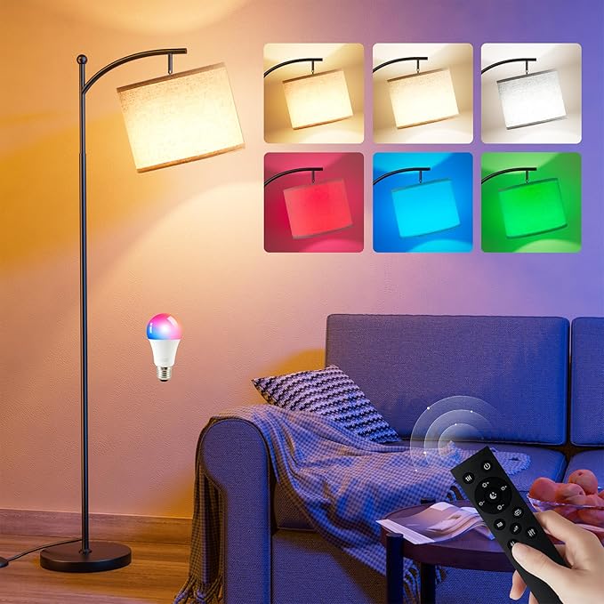 Ambimall Floor Lamps with Smart Light Bulb, RGB + Color Temperatures Bright Dimmable Smart Floor lamp(Beige Shade & Black Pole)
