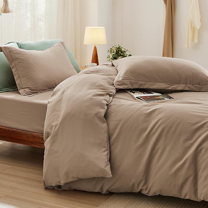 Bedsure California King Size Duvet Cover with Fitted Sheet - 4 Pieces Prewashed Polyester Extra Soft Bedding Set, Includes 1 Duvet Cover 104x98 Inches, 2 Pillow Shams, 1 Fitted Sheet, Deep Beige