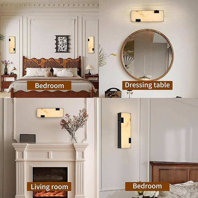 Modern Alabaster Wall Sconce 14.17” Black Frame with Natural Marble Shade Dimmable 3000K Warm Glow Light for Bedroom Hallway Bathroom Fireplace Staircase