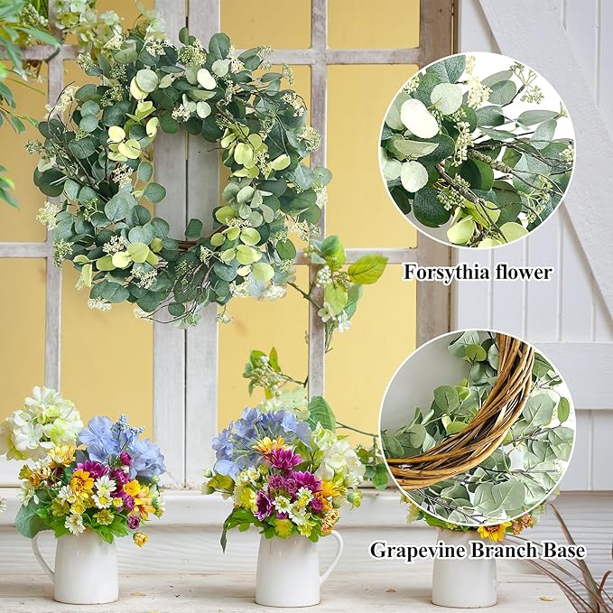 24 Inch Spring Wreath for Front Door, Spring Eucalyptus Wreath for Grapevine Farmhouse with Silk Printing Dollar Leaves Wreaths for Festival Celebration Front Door Wall Window Home Décor
