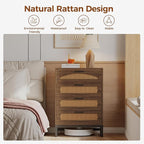 Mericonia 4 Drawer Rattan Dresser for Bedroom, Wood Tall Dresser for Closet with Metal Handles, Boho Nightstand Sets, Dressers & Chests of Drawers for Bedroom, Hallway and Entryway, Walnut