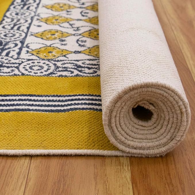 Area Rugs for 4x6 Bedroom Kilim Rug Floral Design Hand Block Printed Cotton Dhurrie Yellow Beige Handmade Boho Flatweave Thick 0.27" Indoor Outdoor Rugs for Living Room Hall Room Idea