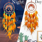 Orange Dream Catcher Wall Decor Crystal Tree of Life Dream Catchers with Luminous Bead Handmade Feather Dreamcatcher Wall Hanging Ornament for Bedroom Living Room Home Decor