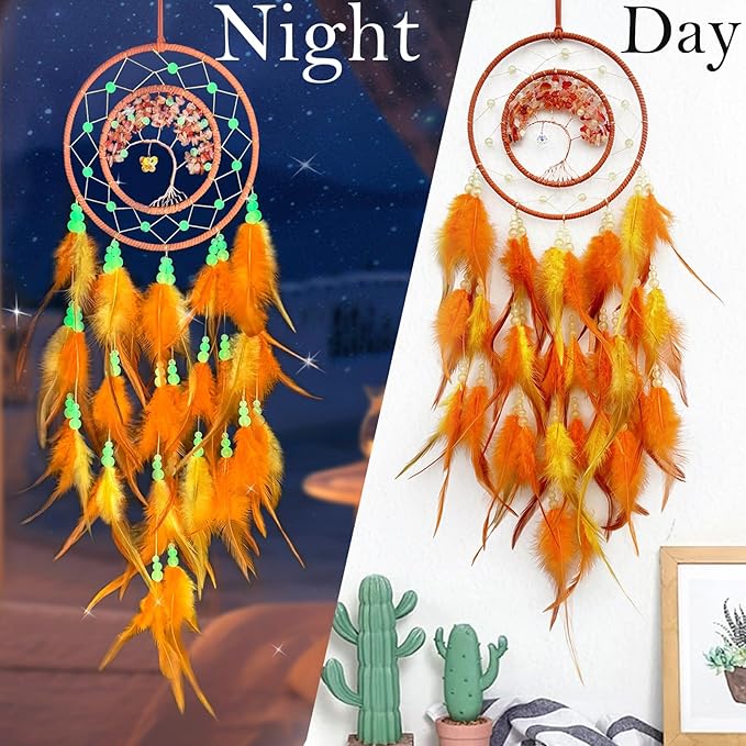 Orange Dream Catcher Wall Decor Crystal Tree of Life Dream Catchers with Luminous Bead Handmade Feather Dreamcatcher Wall Hanging Ornament for Bedroom Living Room Home Decor