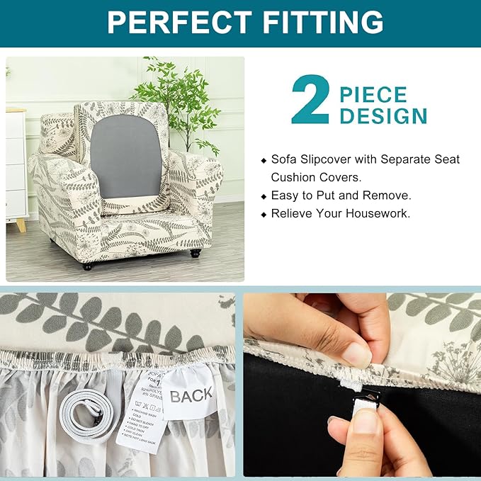 KRFOONN 2 Piece Couch Chair Cover Printed Sofa Covers Couch Covers Stretch Armchair Sofa Couch Slipcovers Furniture Protector with Elastic Bottom for Living Room (Armchair, 54)