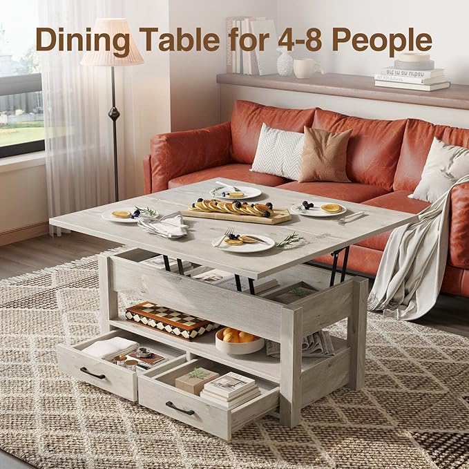 Rolanstar Coffee Table Lift Top, Multi-Function Convertible Coffee Table with Drawers and Hidden Compartment, Converts to Dining Table for Living Room, Home Office,Grey