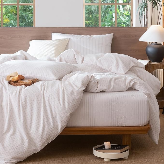 MooMee Striped Duvet Cover Set 100% Washed Cotton Linen Like Textured Breathable Durable Soft Comfy (White Heathered Greyish Pink Wide Stripes, Cal King 104"x98")