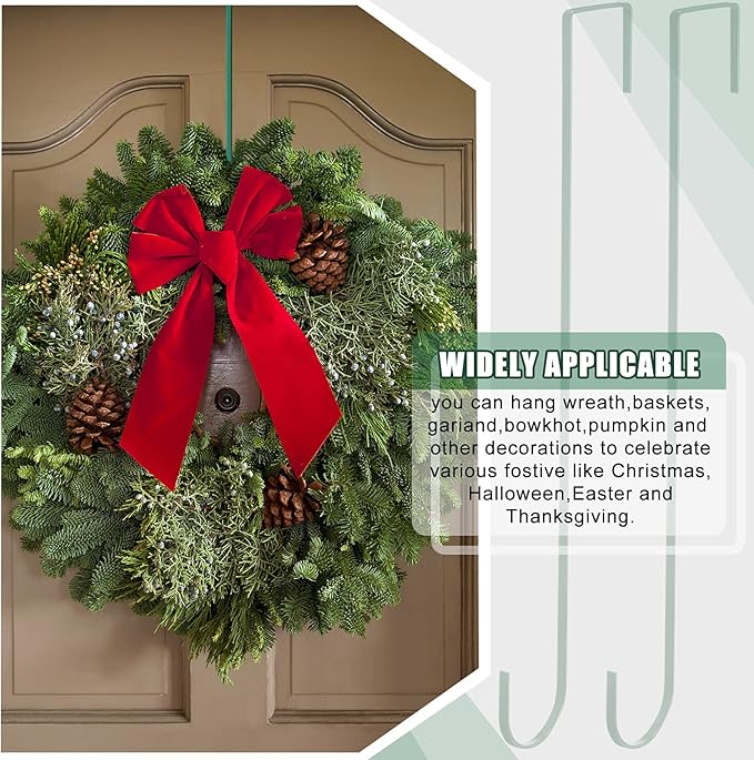 Hotop 15 Inch 6 Pcs Wreath Hangers for Front Door Over The Door Hanger Hooks Steel Wreath Doors Hangers Clothes Towel Hooks Holder for Christmas Halloween Front Decorations Welcome Sign(Green)