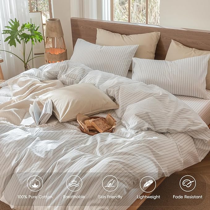 MooMee Striped Duvet Cover Set 100% Washed Cotton Linen Like Textured Breathable Durable Soft Comfy (White Cornflower Blue Wide Stripes, Oversized King Plus 128"x120")