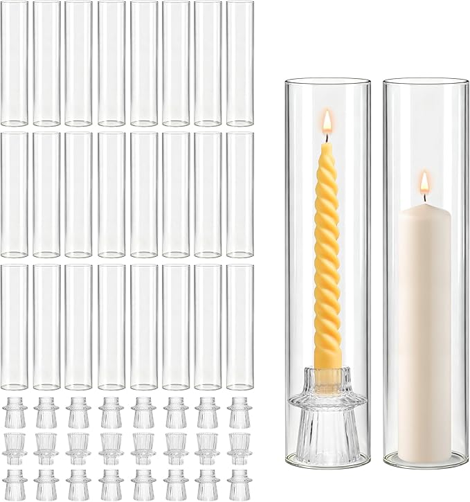24 Set Glass Hurricane Candle Holders - 12" Tall Clear Glass Candlestick Holders for Taper Candles with Cylinder Chimney for Wedding, Party, and Home Table Centerpiece Decoration