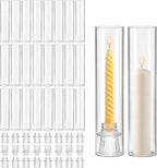 24 Set Glass Hurricane Candle Holders - 12" Tall Clear Glass Candlestick Holders for Taper Candles with Cylinder Chimney for Wedding, Party, and Home Table Centerpiece Decoration