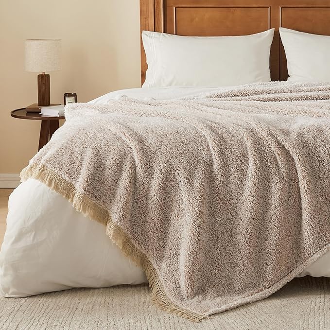 EMME Soft Sherpa Fleece Blanket with Tassel, Reversible Plush Fluffy Large Blanket, Light Weight Warm Decorative Boho Blanket Cover for Sofa, Couch, Bedroom,Travel(Tassel Khaki,108"x90")