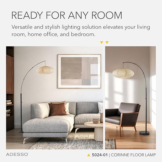 Adesso Arc Floor Lamp, 80” Tall Black Base, Oval Off-White Paper Shade – Convenient Overhead Lighting for Living Room, Nursery, Bedroom or Office
