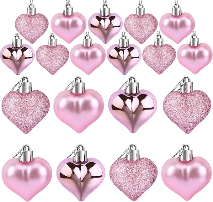 JULMELON 24 Pieces Valentine’s Day Heart Shaped Ornaments, 3D Heart Shaped Bulk Hanging Ornaments, Glossy and Matt Glitter Hearts Hanging Decorations for Valentines Day Tree Decorations Party Home