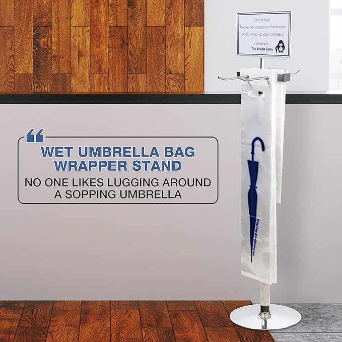 Umbrella Bag Wrapper Station with Sign Frame - Wrap Umbrellas for Rain - Be Safe, Wrap it up! - 100 Long Bags Included