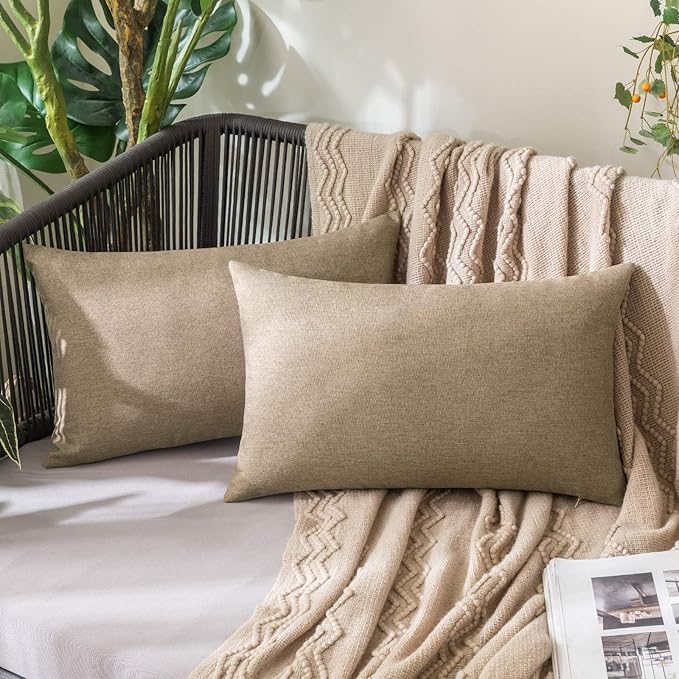 MIULEE Pack of 2 Decorative Outdoor Solid Waterproof Throw Pillow Covers Faux Linen Garden Farmhouse Cushion Cases for Patio Tent Balcony Couch Sofa 20x12 Inch Khaki
