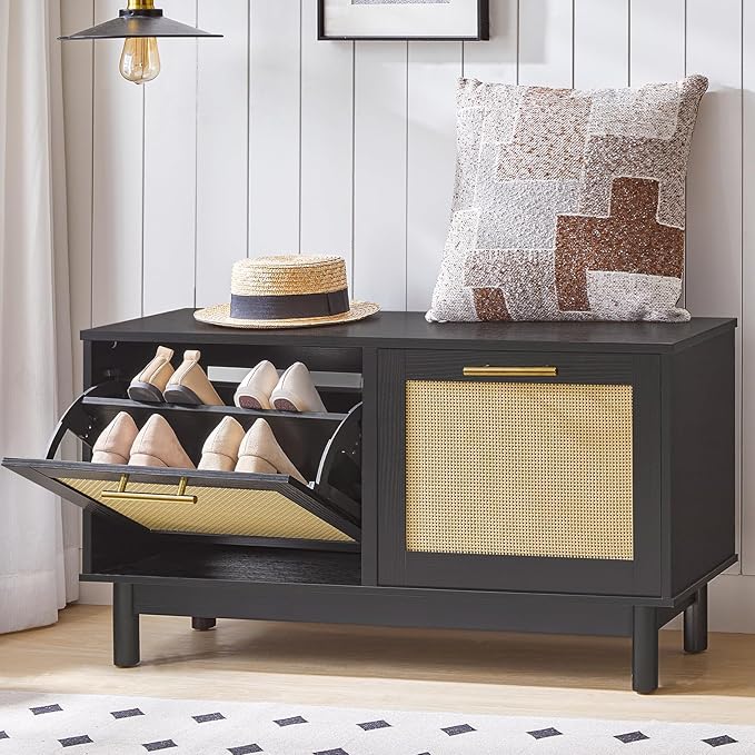 HOOBRO Shoe Storage Bench Entryway, Rattan-Like Shoe Bench with Flip Drawers, Narrow Shoes Rack Cabinet with Rattan Doors, Wooden Organizer for Entryway Hallway, Black BN51HX01