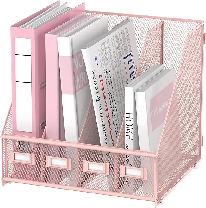 SUPEASY Magazine File Holder Desk Organizer, Metal Binder Holder with 4 Vertical Compartments for Office Home School, Pink
